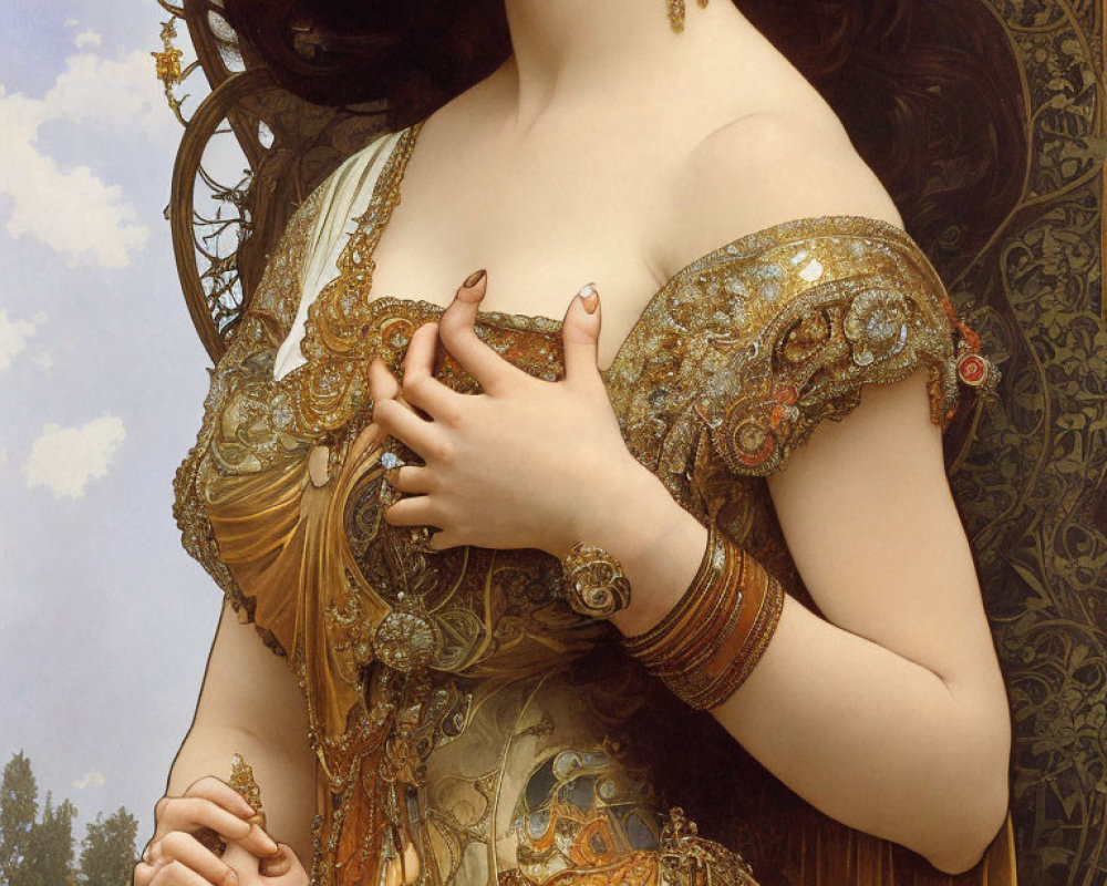 Detailed portrait of a woman in golden gown with ornate jewelry and dark hair against ornamental backdrop
