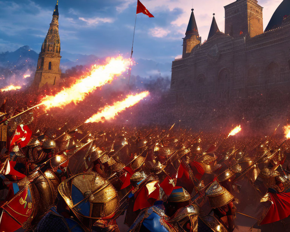 Medieval battle scene near castle with armored soldiers and fiery explosions.
