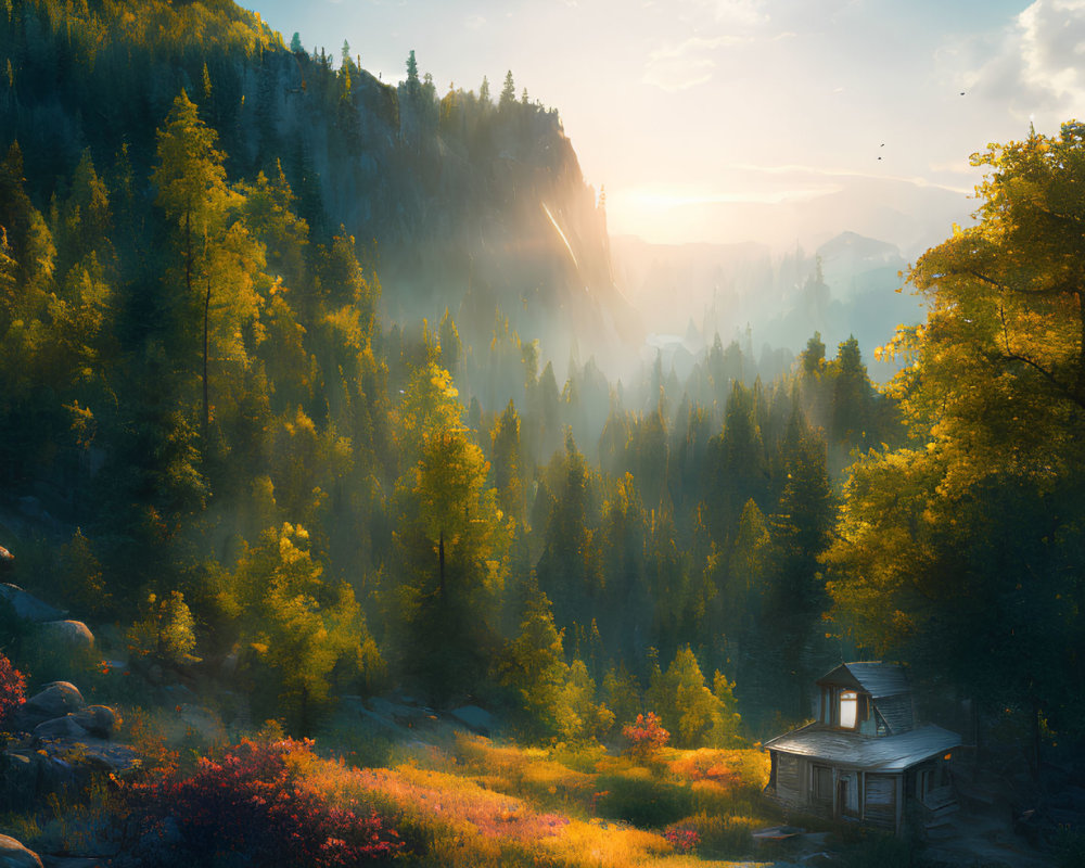 Tranquil sunset landscape with cabin, forest, hills, and sunbeams