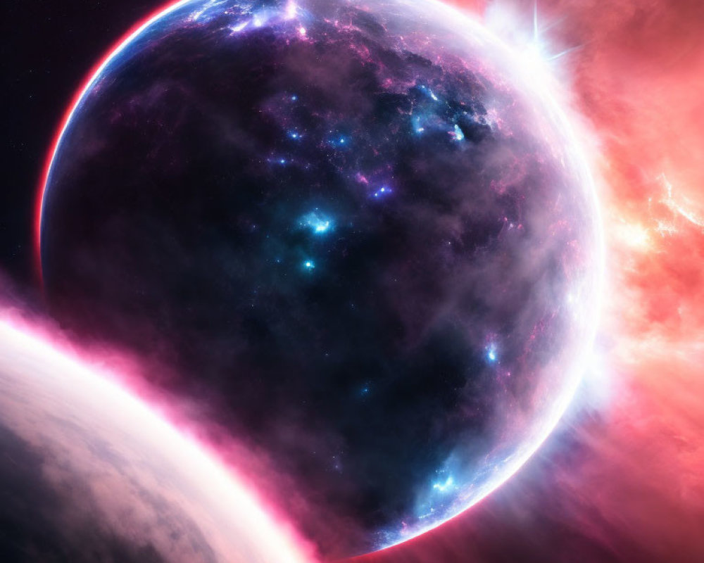 Glowing planet in vibrant space scene with pink and red nebulae