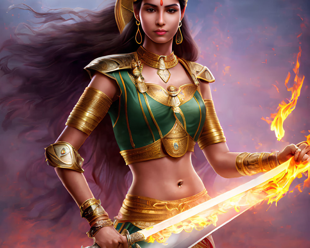 Warrior woman in golden armor wields flaming sword in stormy scene