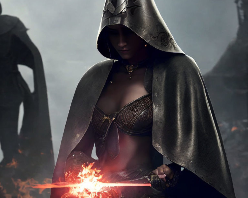 Warrior woman with glowing sword on smoky battlefield