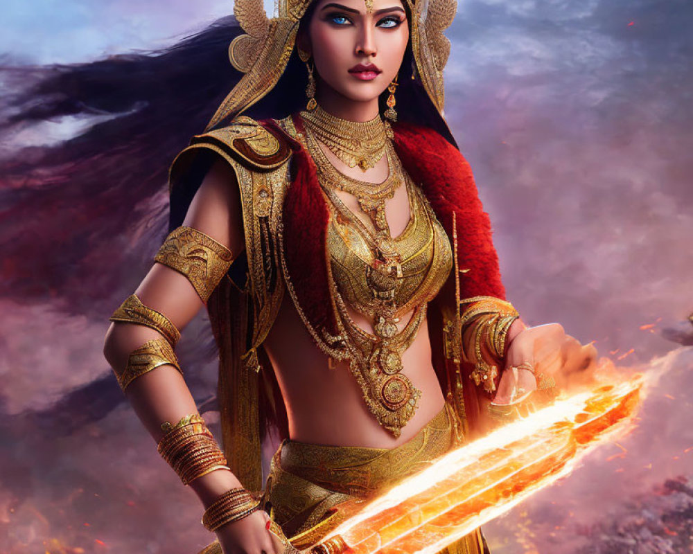 Warrior woman in golden armor with flaming sword against dramatic sky