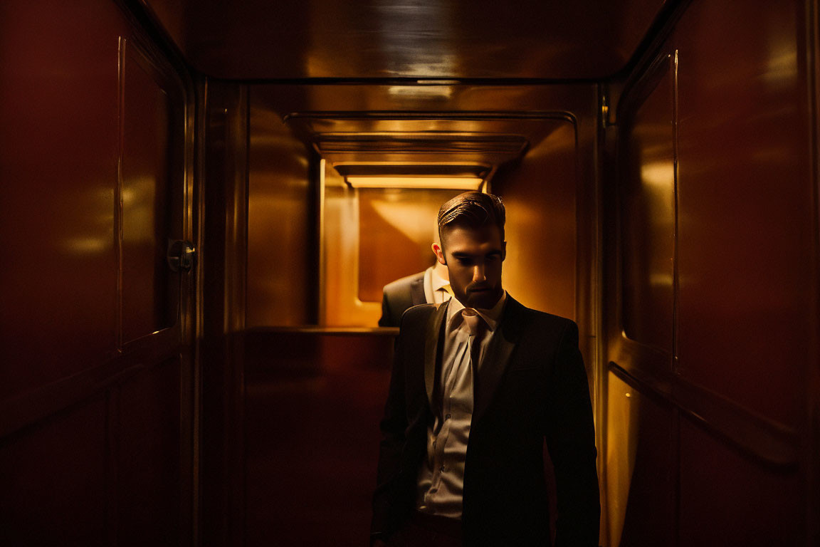 Man in Suit in Dimly Lit Corridor with Shadows