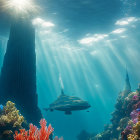Skyscraper surrounded by coral reefs and fish in underwater scene