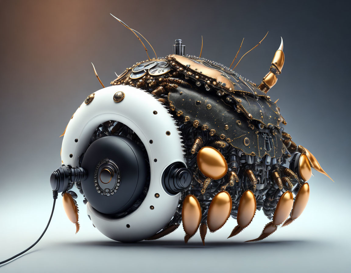 Mechanical beetle sculpture with gears and metal plates on gradient background