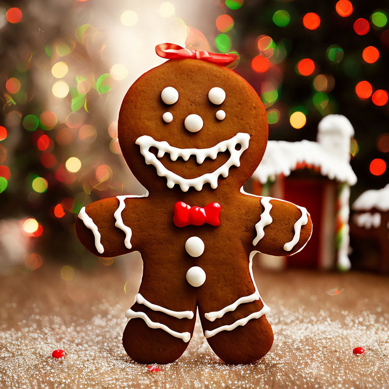 Gingerbread Man with White Icing and Red Bow on Festive Lights Background