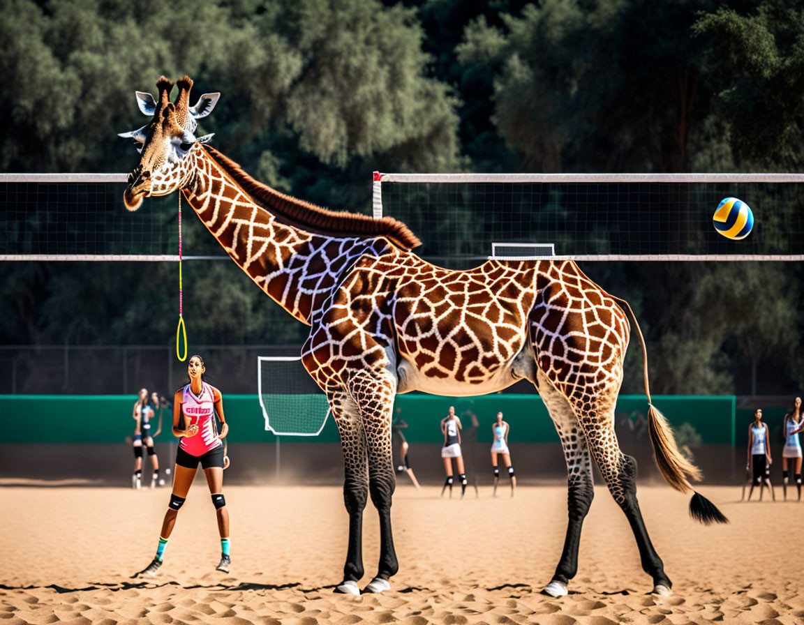 Surreal image of giraffe playing beach volleyball with human