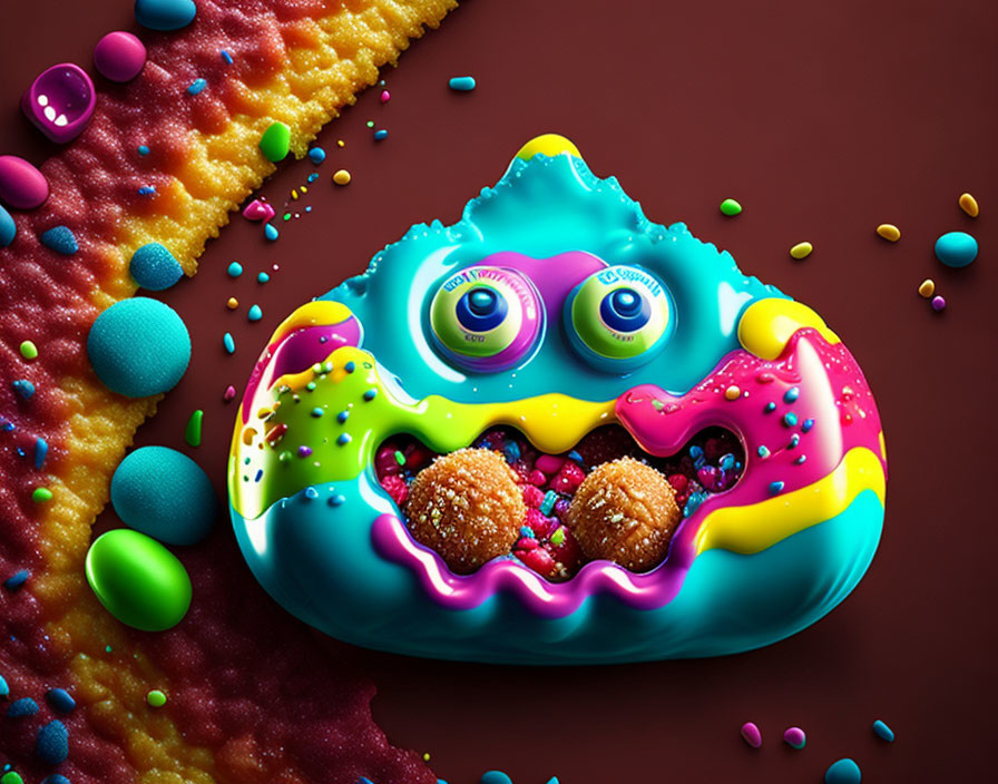 Vibrant melting monster with googly eyes and doughnut-like elements on colorful background