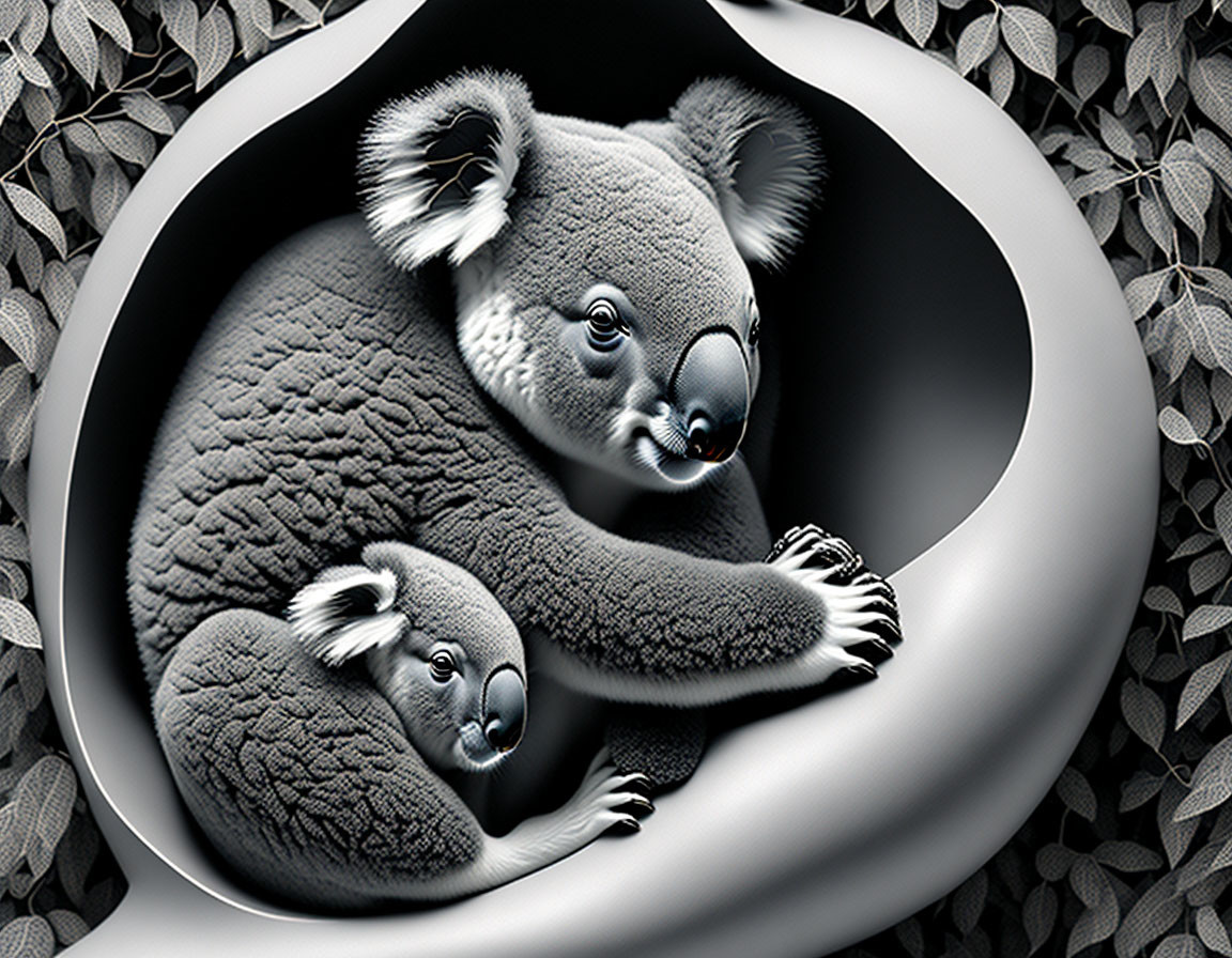 Stylized image: Koalas embracing in glossy ribbon with leaves.