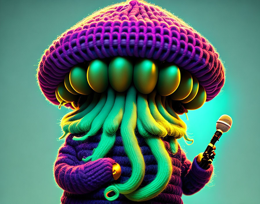Colorful character with oversized headpiece and tentacle-like locks on teal background