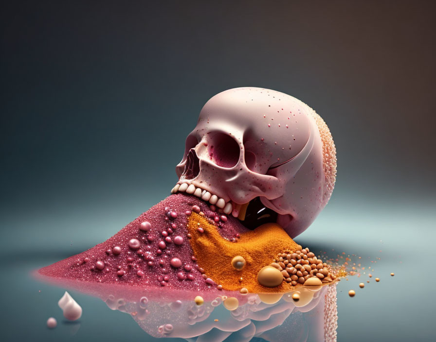 Colorful Human Skull Artwork with Melted Ice Cream and Beads on Gradient Background