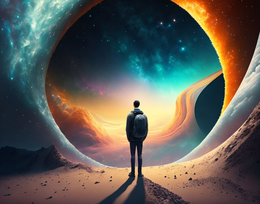 Person standing before surreal cosmic portal with vibrant galaxy and warm/cool colors.