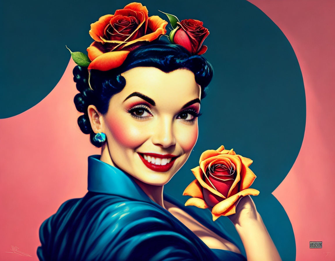 Vintage Portrait of Smiling Woman with Roses on Red and Blue Background