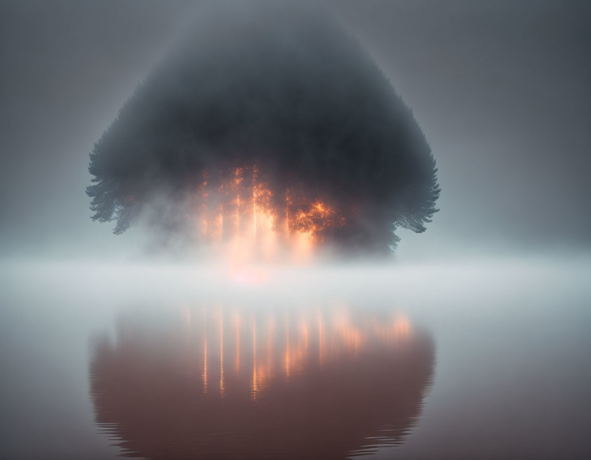 Burning tree in fog with fiery glow reflecting on water
