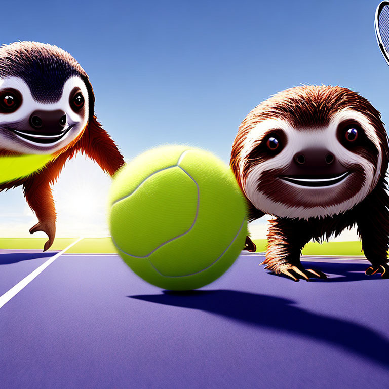 Animated sloths playing tennis on a sunny day with one smiling sloth and the other reaching for the