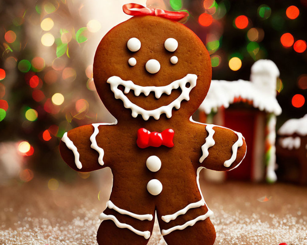 Gingerbread Man with White Icing and Red Bow on Festive Lights Background