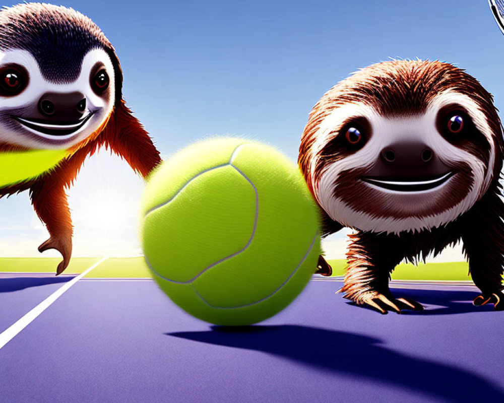 Animated sloths playing tennis on a sunny day with one smiling sloth and the other reaching for the