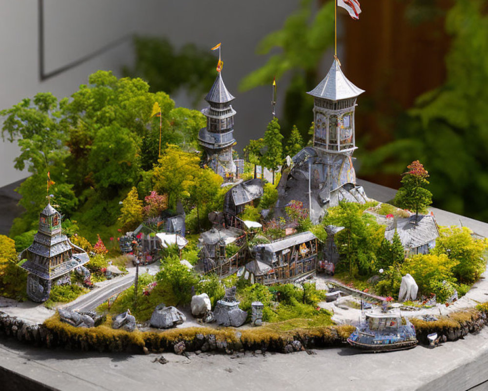 Miniature fantasy castle model with lush greenery and American flag