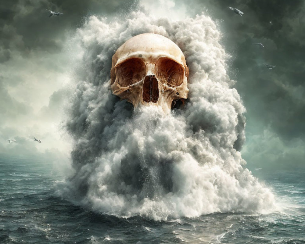 Surreal human skull in turbulent sea under stormy sky