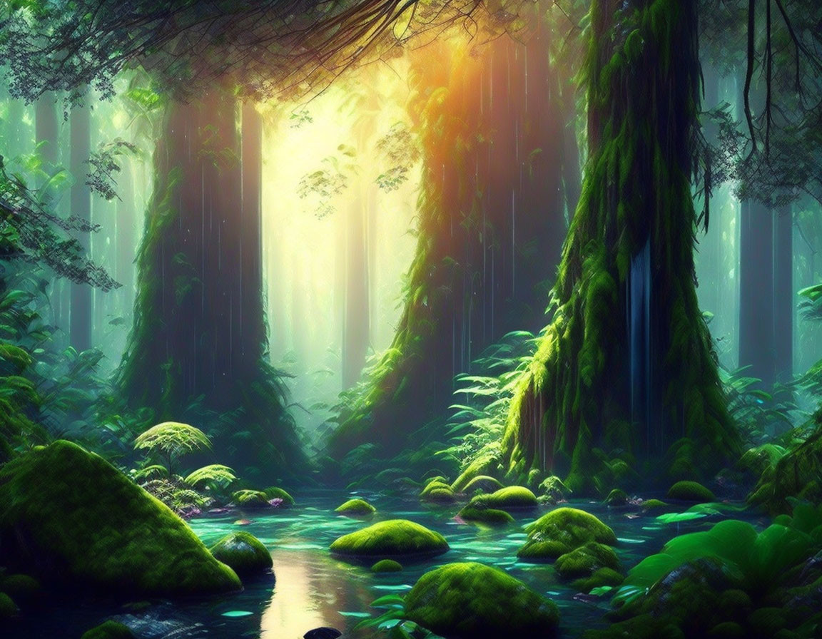 Sunlit Enchanted Forest: Moss-Covered Trees & Serene Stream