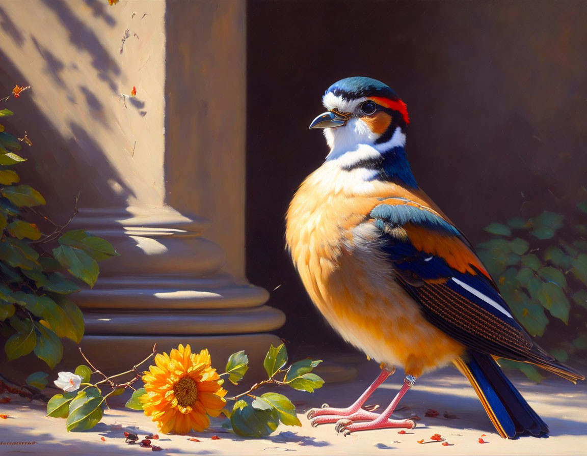 Vibrant bird painting with eye markings, yellow flower, and classical column