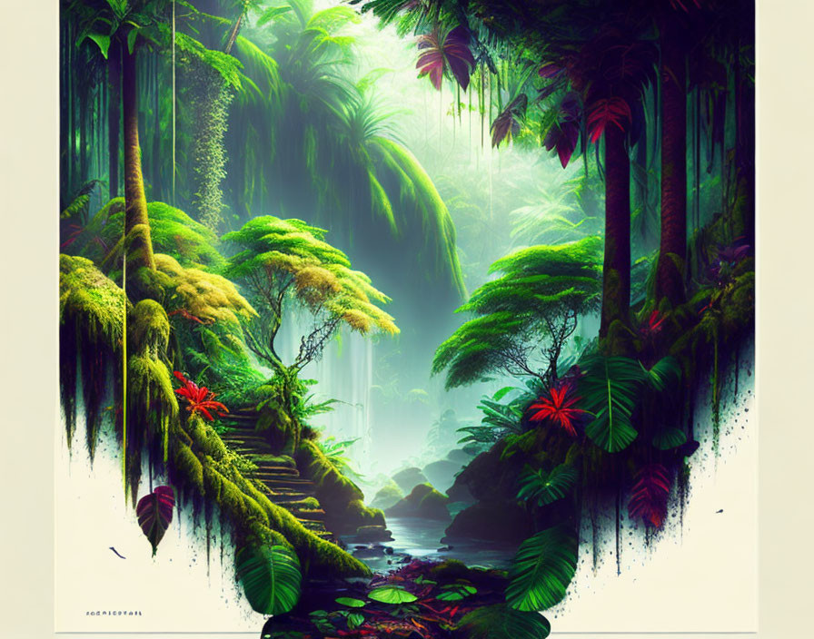 Vibrant jungle stream scene with ethereal light and red flowers
