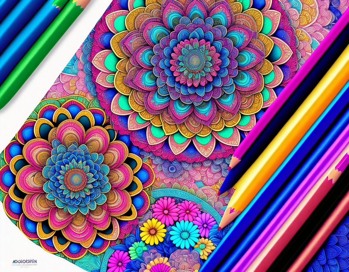 Colorful Mandala Drawing with Colored Pencils on White Background