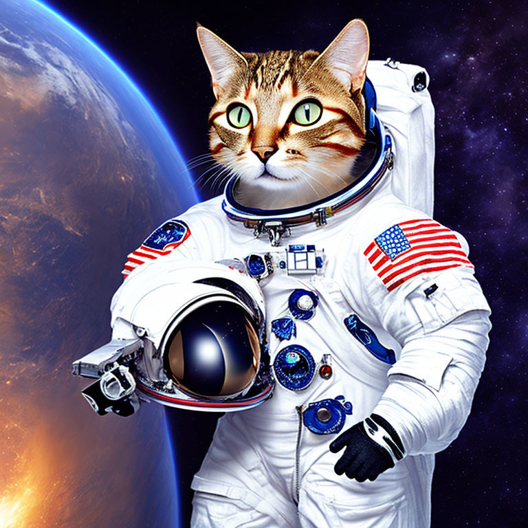 Cat with astronaut body in spacesuit against Earth and space background