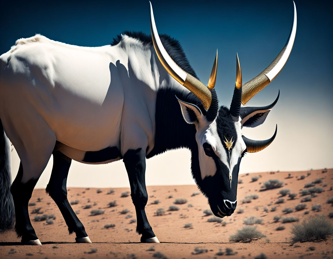 Majestic oryx with long curved horns in desert landscape