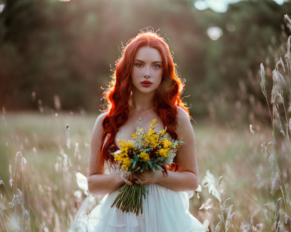 Red-Haired Woman Holding Yellow Flower Bouquet in Sunlit Field