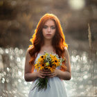 Red-Haired Woman Holding Yellow Flower Bouquet in Sunlit Field