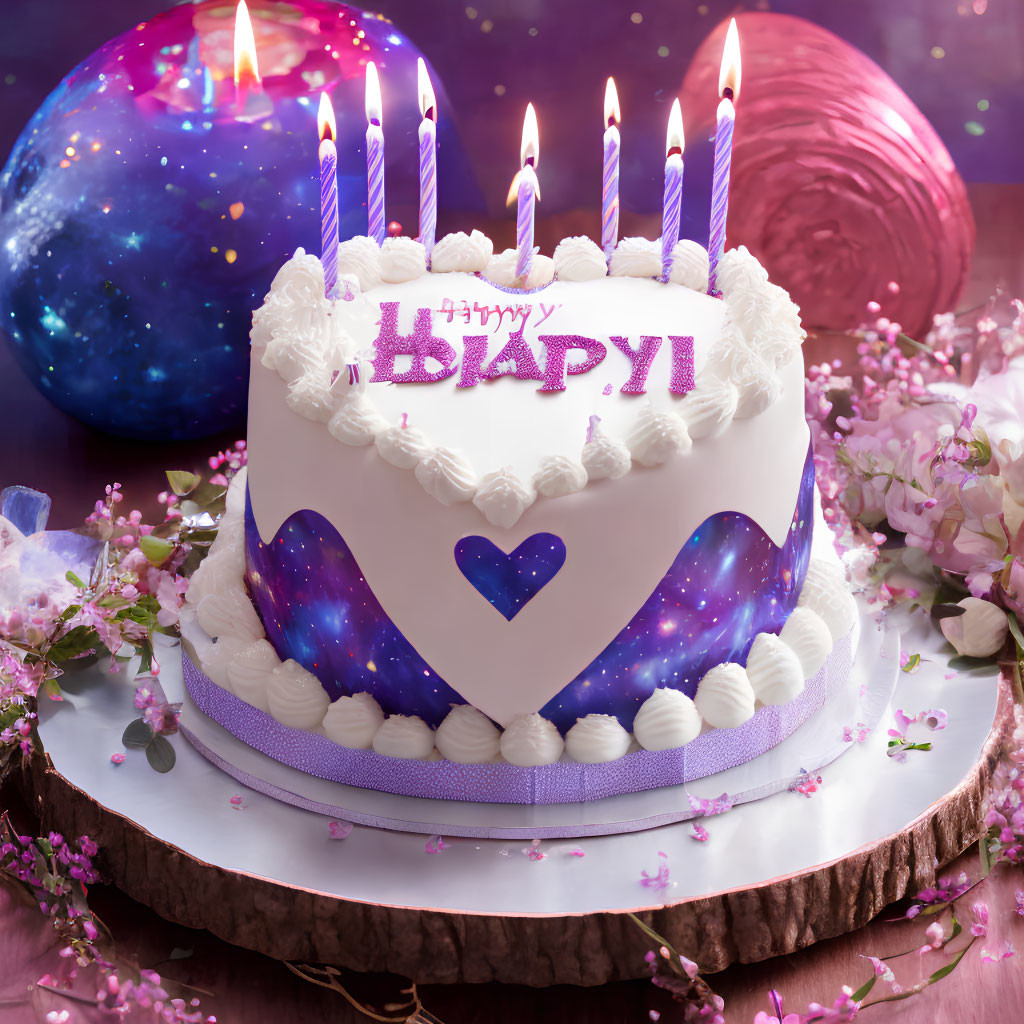 Galaxy-themed birthday cake with purple design, candles, flowers, and cosmic backdrop