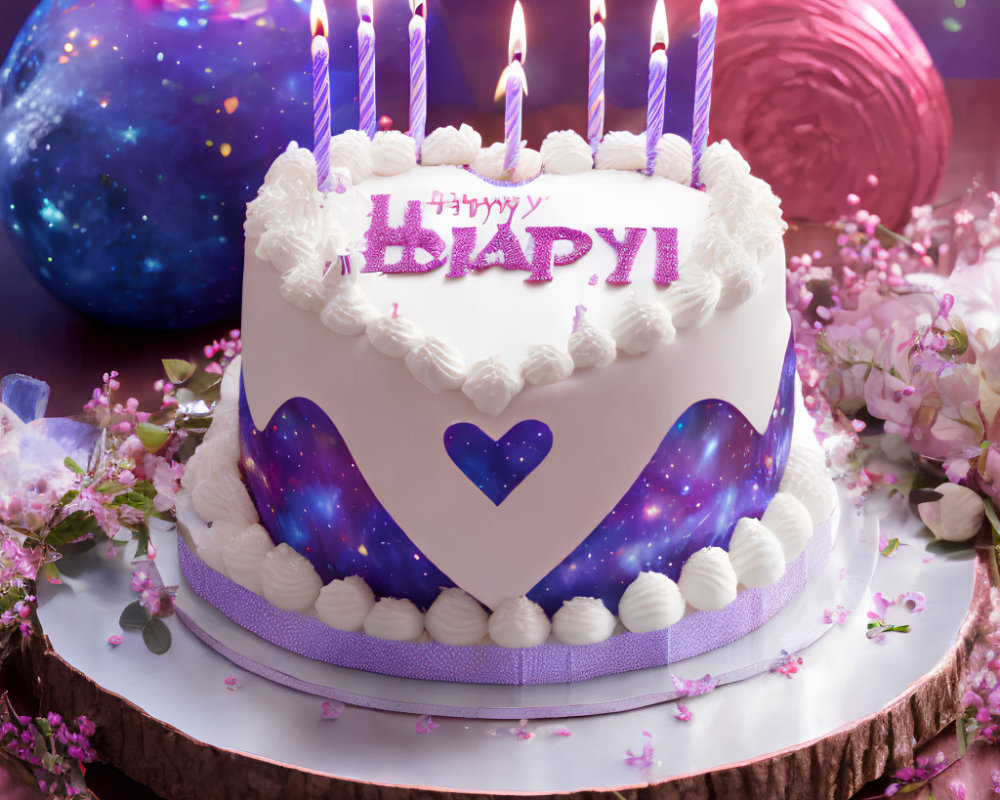 Galaxy-themed birthday cake with purple design, candles, flowers, and cosmic backdrop
