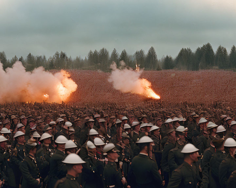 Group of uniformed soldiers marching past explosions and smoke in military setting