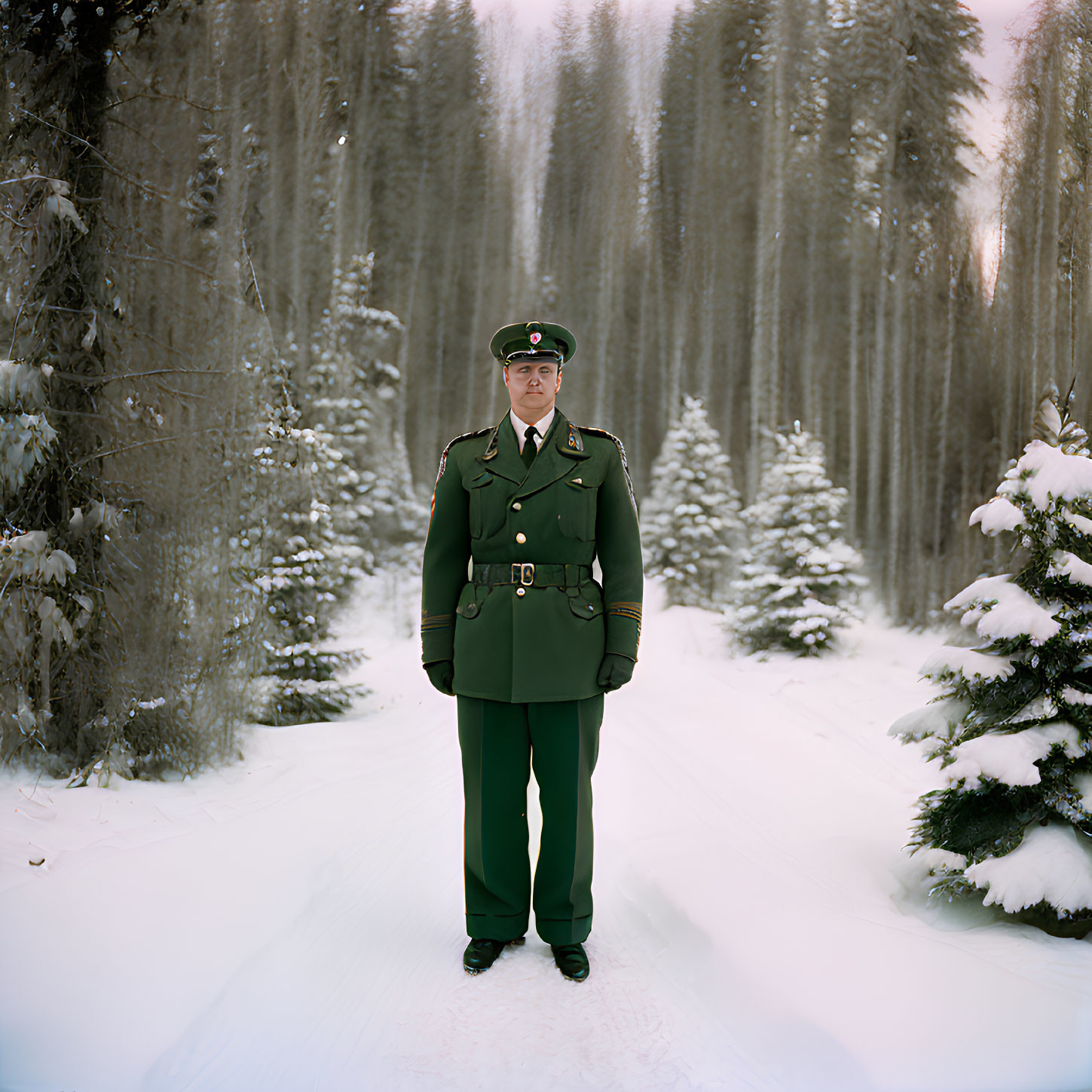 Person in Green Uniform on Snow-Covered Path with Trees