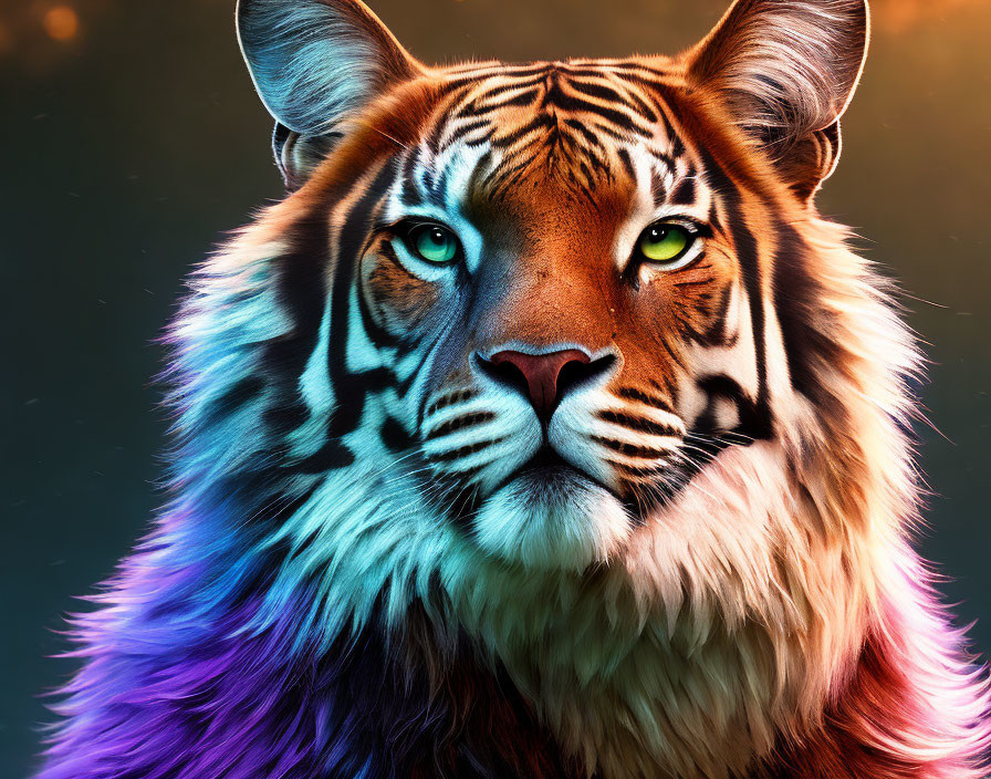 Colorful Tiger Illustration with Blue, Purple, Orange Fur & Green Eyes