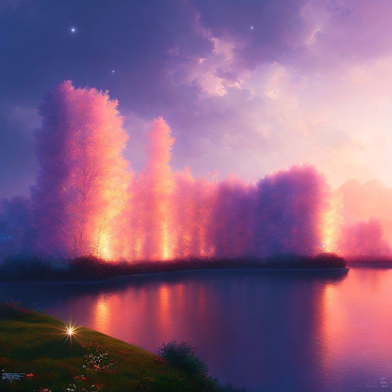 Ethereal pink and purple trees by serene lake at dusk
