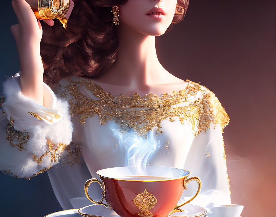Illustrated woman in elegant dress pouring tea from ornate teapot on moody background