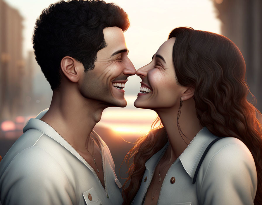 Smiling man and woman sharing affectionate moment at sunset