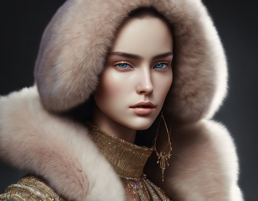 Striking blue-eyed woman in luxurious attire and fur hood on dark background