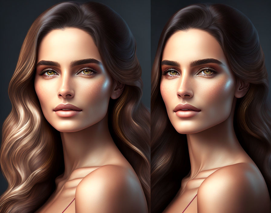 Woman with Wavy Hair and Green Eyes in Two Lighting Conditions: Detailed Facial Features and Makeup