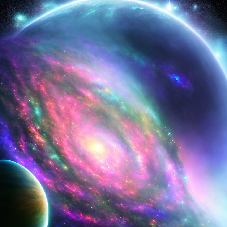 Vibrant swirling galaxy with stars, nebulae, and planets.