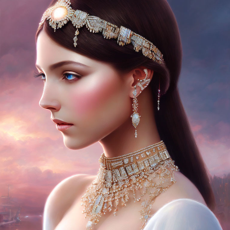 Illustration of woman with blue eyes, ornate jewelry, and tiara on soft backdrop