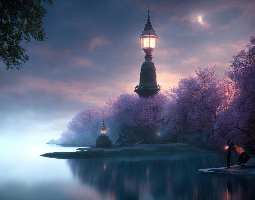 Moonlit twilight scene with lantern, pink blossoms, lake, and figure