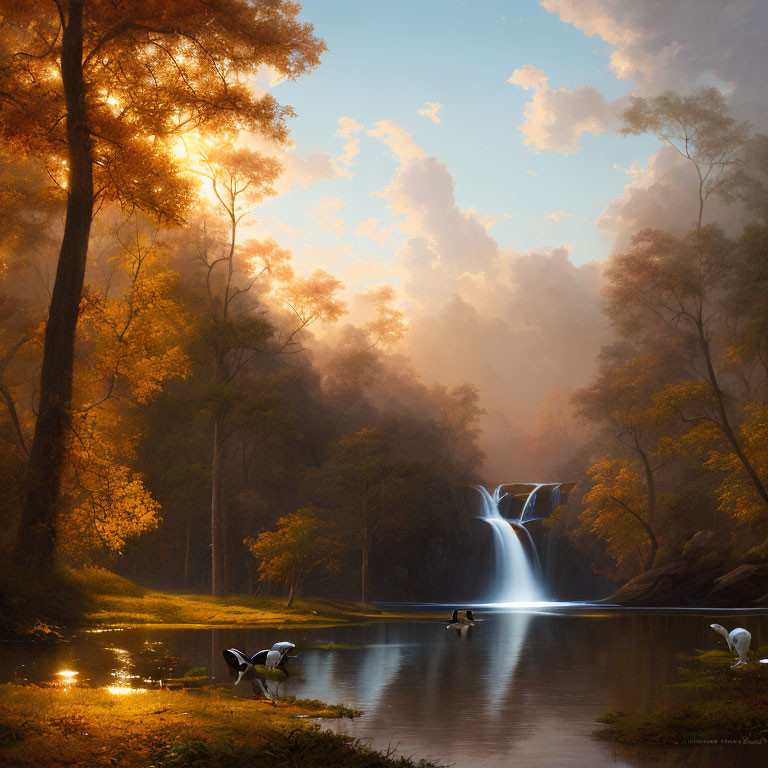 Tranquil riverscape at sunset with waterfall, autumn trees, and birds in warm light