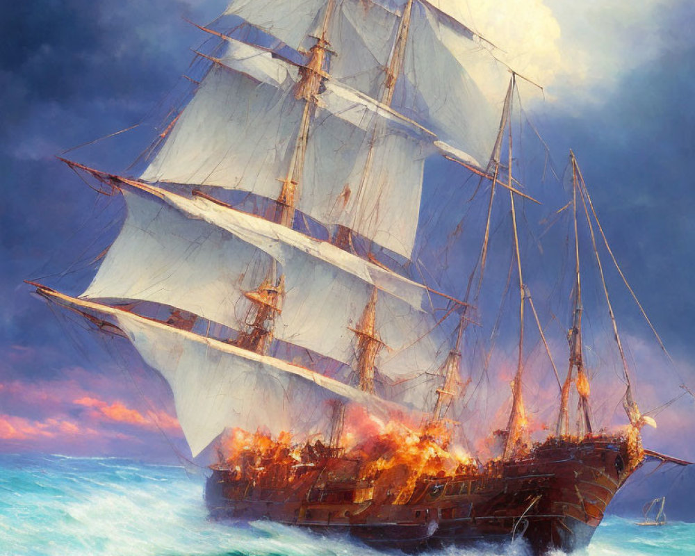 Burning sailing ship in turbulent sea under dramatic sky