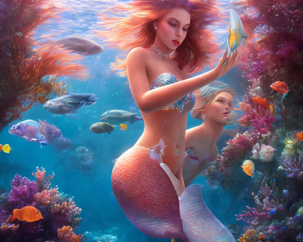 Vibrant Underwater Mermaid Illustration with Fish and Coral