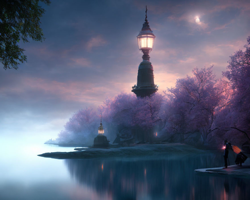 Moonlit twilight scene with lantern, pink blossoms, lake, and figure