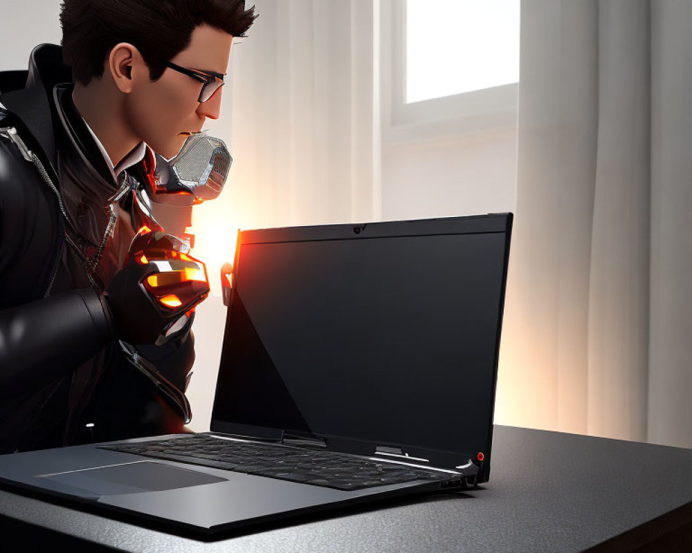 Stylized animated character with glasses and headset using laptop in softly lit room